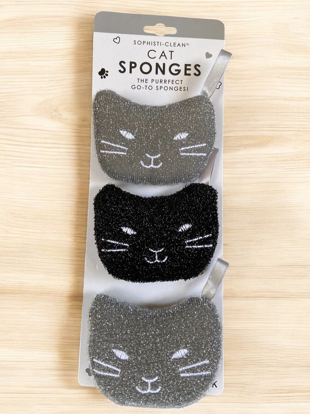 NEW Gray & Black Cat Kitten Kitchen Set of 3 Scratch Free Pots Pans Dish Sponges